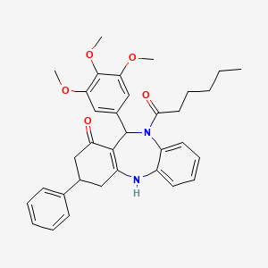 molecular formula C34H38N2O5 B11641153 10-hexanoyl-3-phenyl-11-(3,4,5-trimethoxyphenyl)-2,3,4,5,10,11-hexahydro-1H-dibenzo[b,e][1,4]diazepin-1-one 