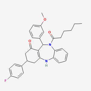 molecular formula C32H33FN2O3 B11641208 3-(4-fluorophenyl)-10-hexanoyl-11-(3-methoxyphenyl)-2,3,4,5,10,11-hexahydro-1H-dibenzo[b,e][1,4]diazepin-1-one 