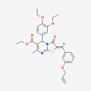 molecular formula C30H32N2O6S B11641553 Ethyl (2Z)-5-(3,4-diethoxyphenyl)-7-methyl-3-oxo-2-{[3-(prop-2-EN-1-yloxy)phenyl]methylidene}-2H,3H,5H-[1,3]thiazolo[3,2-A]pyrimidine-6-carboxylate 