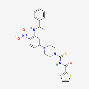 molecular formula C24H25N5O3S2 B11641657 N-[(4-{4-nitro-3-[(1-phenylethyl)amino]phenyl}piperazin-1-yl)carbonothioyl]thiophene-2-carboxamide 