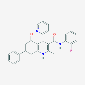 molecular formula C28H24FN3O2 B11641685 N-(2-Fluorophenyl)-2-methyl-5-oxo-7-phenyl-4-(2-pyridinyl)-1,4,5,6,7,8-hexahydro-3-quinolinecarboxamide 