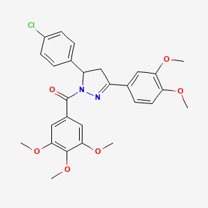 molecular formula C27H27ClN2O6 B11641859 (5-(4-chlorophenyl)-3-(3,4-dimethoxyphenyl)-4,5-dihydro-1H-pyrazol-1-yl)(3,4,5-trimethoxyphenyl)methanone 