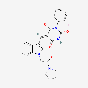 molecular formula C25H21FN4O4 B11641911 (5E)-1-(2-fluorophenyl)-5-({1-[2-oxo-2-(pyrrolidin-1-yl)ethyl]-1H-indol-3-yl}methylidene)pyrimidine-2,4,6(1H,3H,5H)-trione 