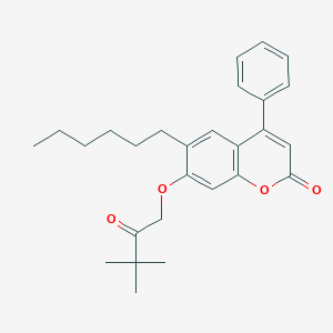 molecular formula C27H32O4 B11642054 7-(3,3-dimethyl-2-oxobutoxy)-6-hexyl-4-phenyl-2H-chromen-2-one 