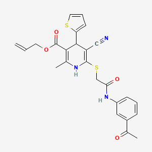 molecular formula C25H23N3O4S2 B11642665 Prop-2-en-1-yl 6-({2-[(3-acetylphenyl)amino]-2-oxoethyl}sulfanyl)-5-cyano-2-methyl-4-(thiophen-2-yl)-1,4-dihydropyridine-3-carboxylate 