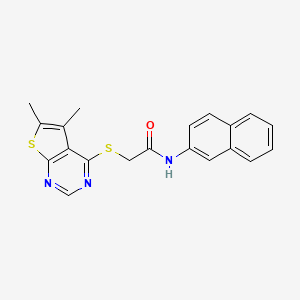 molecular formula C20H17N3OS2 B11642784 2-({5,6-dimethylthieno[2,3-d]pyrimidin-4-yl}sulfanyl)-N-(naphthalen-2-yl)acetamide 