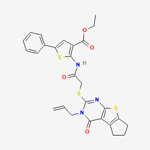 molecular formula C27H25N3O4S3 B11642810 Ethyl 2-({[(3-allyl-4-oxo-3,5,6,7-tetrahydro-4H-cyclopenta[4,5]thieno[2,3-D]pyrimidin-2-YL)sulfanyl]acetyl}amino)-5-phenyl-3-thiophenecarboxylate 