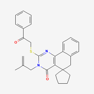 molecular formula C28H28N2O2S B11643072 3-(2-methylprop-2-en-1-yl)-2-[(2-oxo-2-phenylethyl)sulfanyl]-3H-spiro[benzo[h]quinazoline-5,1'-cyclopentan]-4(6H)-one 