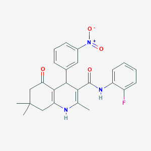 molecular formula C25H24FN3O4 B11643132 N-(2-Fluorophenyl)-2,7,7-trimethyl-4-(3-nitrophenyl)-5-oxo-1,4,5,6,7,8-hexahydro-3-quinolinecarboxamide 