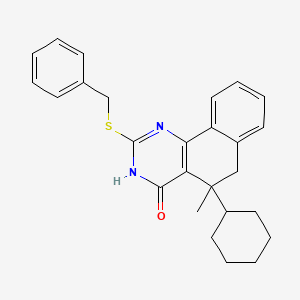 molecular formula C26H28N2OS B11643379 2-(Benzylsulfanyl)-5-cyclohexyl-5-methyl-5,6-dihydrobenzo[h]quinazolin-4-ol 