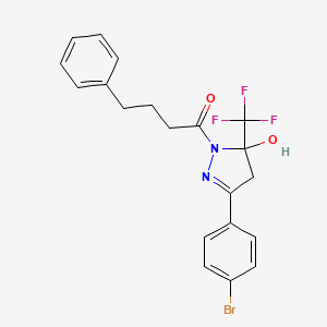 molecular formula C20H18BrF3N2O2 B11643401 1-[3-(4-bromophenyl)-5-hydroxy-5-(trifluoromethyl)-4,5-dihydro-1H-pyrazol-1-yl]-4-phenylbutan-1-one 