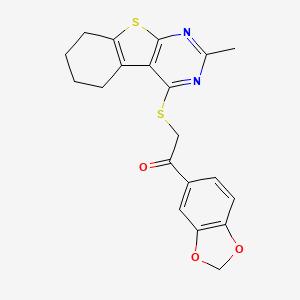 molecular formula C20H18N2O3S2 B11643479 1-(1,3-Benzodioxol-5-yl)-2-[(2-methyl-5,6,7,8-tetrahydro[1]benzothieno[2,3-d]pyrimidin-4-yl)sulfanyl]ethanone 