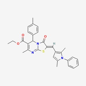 molecular formula C30H29N3O3S B11643631 ethyl (2Z)-2-[(2,5-dimethyl-1-phenyl-1H-pyrrol-3-yl)methylidene]-7-methyl-5-(4-methylphenyl)-3-oxo-2,3-dihydro-5H-[1,3]thiazolo[3,2-a]pyrimidine-6-carboxylate 