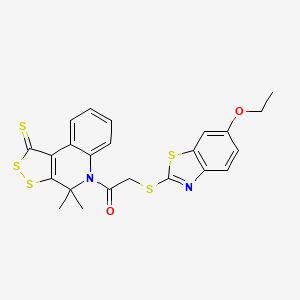 molecular formula C23H20N2O2S5 B11643825 1-(4,4-dimethyl-1-thioxo-1,4-dihydro-5H-[1,2]dithiolo[3,4-c]quinolin-5-yl)-2-[(6-ethoxy-1,3-benzothiazol-2-yl)sulfanyl]ethanone 