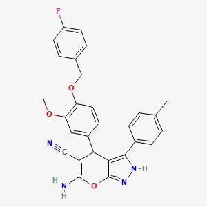 molecular formula C28H23FN4O3 B11643925 6-Amino-4-{4-[(4-fluorobenzyl)oxy]-3-methoxyphenyl}-3-(4-methylphenyl)-1,4-dihydropyrano[2,3-c]pyrazole-5-carbonitrile 