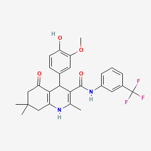 molecular formula C27H27F3N2O4 B11644071 4-(4-Hydroxy-3-methoxyphenyl)-2,7,7-trimethyl-5-oxo-N-[3-(trifluoromethyl)phenyl]-1,4,5,6,7,8-hexahydro-3-quinolinecarboxamide 