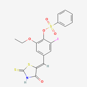 molecular formula C18H14INO5S3 B11644190 2-Ethoxy-6-iodo-4-{[(5Z)-4-oxo-2-sulfanylidene-1,3-thiazolidin-5-ylidene]methyl}phenyl benzenesulfonate 