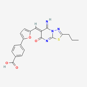 molecular formula C20H16N4O4S B11644409 4-{5-[(Z)-(5-imino-7-oxo-2-propyl-5H-[1,3,4]thiadiazolo[3,2-a]pyrimidin-6(7H)-ylidene)methyl]furan-2-yl}benzoic acid 