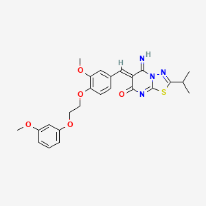 molecular formula C25H26N4O5S B11644652 (6Z)-5-imino-6-{3-methoxy-4-[2-(3-methoxyphenoxy)ethoxy]benzylidene}-2-(propan-2-yl)-5,6-dihydro-7H-[1,3,4]thiadiazolo[3,2-a]pyrimidin-7-one 