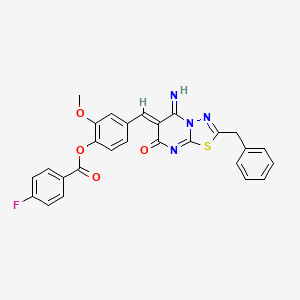 molecular formula C27H19FN4O4S B11644836 4-[(Z)-(2-benzyl-5-imino-7-oxo-5H-[1,3,4]thiadiazolo[3,2-a]pyrimidin-6(7H)-ylidene)methyl]-2-methoxyphenyl 4-fluorobenzoate 