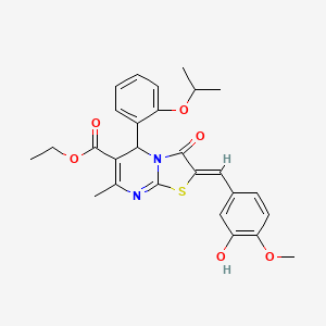 molecular formula C27H28N2O6S B11644847 Ethyl (2Z)-2-[(3-hydroxy-4-methoxyphenyl)methylidene]-7-methyl-3-oxo-5-[2-(propan-2-yloxy)phenyl]-2H,3H,5H-[1,3]thiazolo[3,2-A]pyrimidine-6-carboxylate 