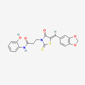 molecular formula C20H16N2O5S2 B11644965 3-[(5Z)-5-(1,3-benzodioxol-5-ylmethylidene)-4-oxo-2-thioxo-1,3-thiazolidin-3-yl]-N-(2-hydroxyphenyl)propanamide 