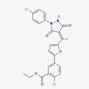 molecular formula C23H16Cl2N2O5 B11645017 ethyl 2-chloro-5-(5-{(Z)-[1-(4-chlorophenyl)-3,5-dioxopyrazolidin-4-ylidene]methyl}furan-2-yl)benzoate 