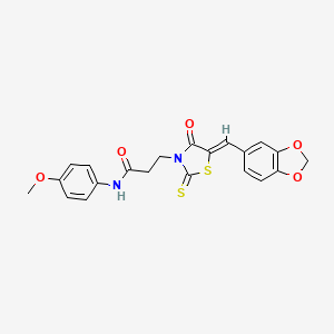 molecular formula C21H18N2O5S2 B11645228 3-[(5Z)-5-(1,3-benzodioxol-5-ylmethylidene)-4-oxo-2-thioxo-1,3-thiazolidin-3-yl]-N-(4-methoxyphenyl)propanamide 