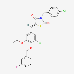 molecular formula C26H20Cl2FNO4S B11645324 (5Z)-5-({3-Chloro-5-ethoxy-4-[(3-fluorophenyl)methoxy]phenyl}methylidene)-3-[(4-chlorophenyl)methyl]-1,3-thiazolidine-2,4-dione 