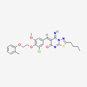 molecular formula C26H27ClN4O4S B11645401 (6Z)-2-butyl-6-{3-chloro-5-methoxy-4-[2-(2-methylphenoxy)ethoxy]benzylidene}-5-imino-5,6-dihydro-7H-[1,3,4]thiadiazolo[3,2-a]pyrimidin-7-one 