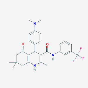 molecular formula C28H30F3N3O2 B11645555 4-[4-(Dimethylamino)phenyl]-2,7,7-trimethyl-5-oxo-N-[3-(trifluoromethyl)phenyl]-1,4,5,6,7,8-hexahydro-3-quinolinecarboxamide 