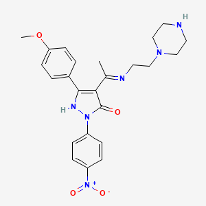 molecular formula C24H28N6O4 B11645800 5-(4-methoxyphenyl)-2-(4-nitrophenyl)-4-{(1E)-N-[2-(piperazin-1-yl)ethyl]ethanimidoyl}-1,2-dihydro-3H-pyrazol-3-one 