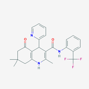 molecular formula C25H24F3N3O2 B11645860 2,7,7-Trimethyl-5-oxo-4-(2-pyridinyl)-N-[2-(trifluoromethyl)phenyl]-1,4,5,6,7,8-hexahydro-3-quinolinecarboxamide 