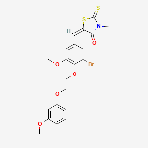 molecular formula C21H20BrNO5S2 B11646050 (5E)-5-({3-Bromo-5-methoxy-4-[2-(3-methoxyphenoxy)ethoxy]phenyl}methylidene)-3-methyl-2-sulfanylidene-1,3-thiazolidin-4-one 