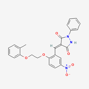 molecular formula C25H21N3O6 B11646774 (4E)-4-{2-[2-(2-methylphenoxy)ethoxy]-5-nitrobenzylidene}-1-phenylpyrazolidine-3,5-dione 