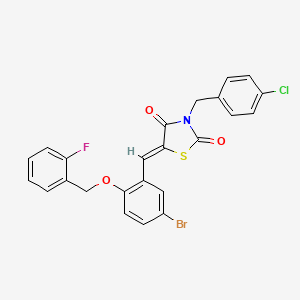 molecular formula C24H16BrClFNO3S B11647353 (5Z)-5-({5-Bromo-2-[(2-fluorophenyl)methoxy]phenyl}methylidene)-3-[(4-chlorophenyl)methyl]-1,3-thiazolidine-2,4-dione 