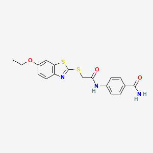 molecular formula C18H17N3O3S2 B11647494 4-({[(6-Ethoxy-1,3-benzothiazol-2-yl)sulfanyl]acetyl}amino)benzamide 