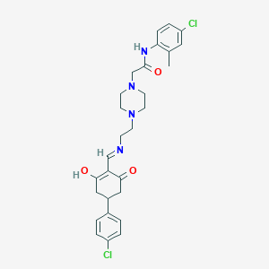 molecular formula C28H32Cl2N4O3 B11647508 N-(4-chloro-2-methylphenyl)-2-{4-[2-({[4-(4-chlorophenyl)-2,6-dioxocyclohexylidene]methyl}amino)ethyl]piperazin-1-yl}acetamide 