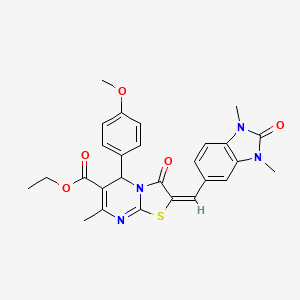 molecular formula C27H26N4O5S B11647827 Ethyl (2E)-2-[(1,3-dimethyl-2-oxo-2,3-dihydro-1H-1,3-benzodiazol-5-YL)methylidene]-5-(4-methoxyphenyl)-7-methyl-3-oxo-2H,3H,5H-[1,3]thiazolo[3,2-A]pyrimidine-6-carboxylate 