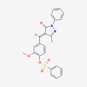 molecular formula C24H20N2O5S B11647925 2-methoxy-4-[(E)-(3-methyl-5-oxo-1-phenyl-1,5-dihydro-4H-pyrazol-4-ylidene)methyl]phenyl benzenesulfonate 