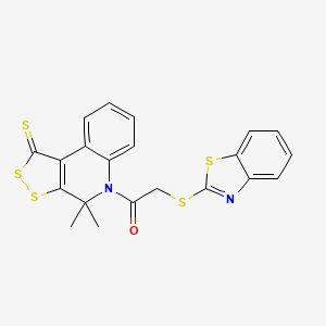 molecular formula C21H16N2OS5 B11648187 5-[(1,3-benzothiazol-2-ylthio)acetyl]-4,4-dimethyl-4,5-dihydro-1H-[1,2]dithiolo[3,4-c]quinoline-1-thione 