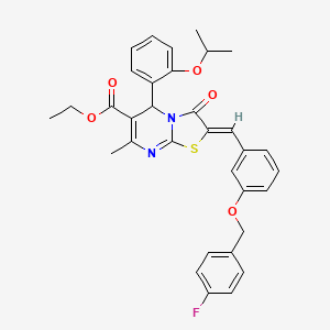 molecular formula C33H31FN2O5S B11648229 Ethyl (2Z)-2-({3-[(4-fluorophenyl)methoxy]phenyl}methylidene)-7-methyl-3-oxo-5-[2-(propan-2-yloxy)phenyl]-2H,3H,5H-[1,3]thiazolo[3,2-A]pyrimidine-6-carboxylate 