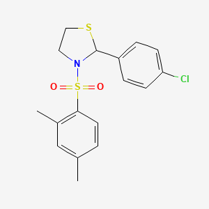 molecular formula C17H18ClNO2S2 B11648255 2-(4-Chlorophenyl)-3-((2,4-dimethylphenyl)sulfonyl)thiazolidine 