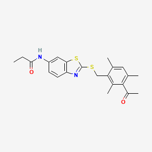 molecular formula C22H24N2O2S2 B11648401 N-{2-[(3-acetyl-2,4,6-trimethylbenzyl)sulfanyl]-1,3-benzothiazol-6-yl}propanamide 