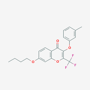 molecular formula C21H19F3O4 B11648413 7-butoxy-3-(3-methylphenoxy)-2-(trifluoromethyl)-4H-chromen-4-one 