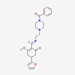 molecular formula C24H27N3O4 B11648690 5-(Furan-2-yl)-2-[({2-[4-(phenylcarbonyl)piperazin-1-yl]ethyl}amino)methylidene]cyclohexane-1,3-dione 