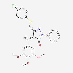 molecular formula C26H23ClN2O4S B11649318 (4Z)-5-{[(4-chlorophenyl)sulfanyl]methyl}-2-phenyl-4-(3,4,5-trimethoxybenzylidene)-2,4-dihydro-3H-pyrazol-3-one 