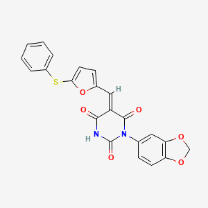 molecular formula C22H14N2O6S B11649375 (5E)-3-(1,3-benzodioxol-5-yl)-6-hydroxy-5-{[5-(phenylsulfanyl)furan-2-yl]methylidene}pyrimidine-2,4(3H,5H)-dione 