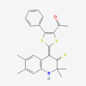 molecular formula C24H23NOS3 B11649590 1-[(2Z)-5-phenyl-2-(2,2,6,7-tetramethyl-3-thioxo-2,3-dihydroquinolin-4(1H)-ylidene)-1,3-dithiol-4-yl]ethanone 