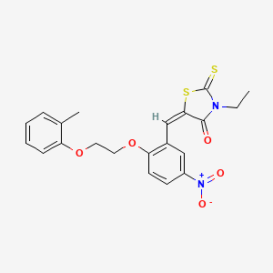 molecular formula C21H20N2O5S2 B11649904 (5E)-3-Ethyl-5-({2-[2-(2-methylphenoxy)ethoxy]-5-nitrophenyl}methylidene)-2-sulfanylidene-1,3-thiazolidin-4-one 